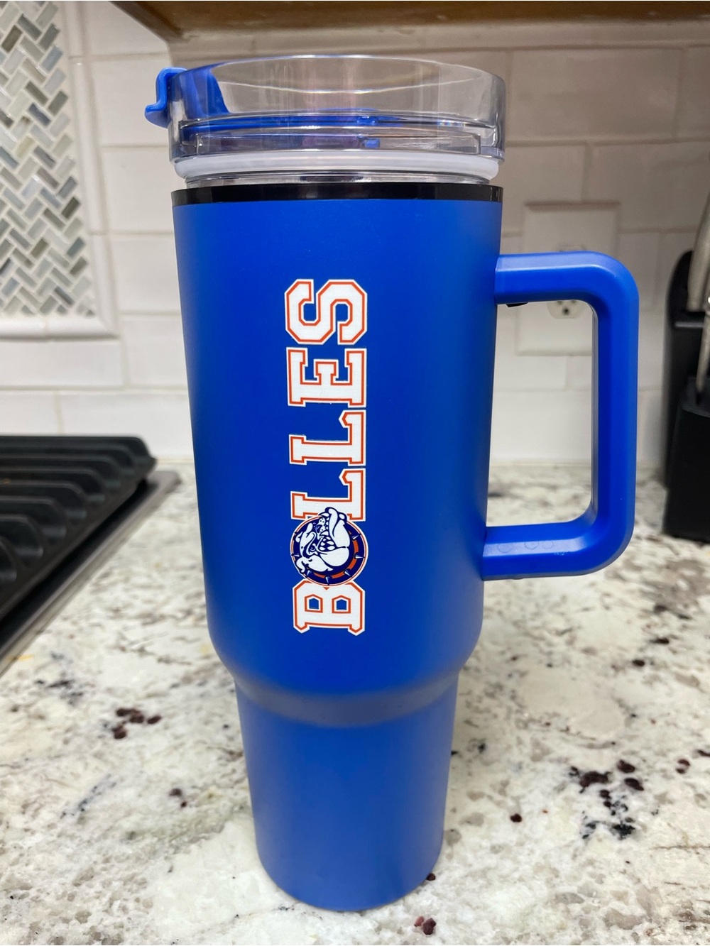 Blue Bolles Insulated Travel Mug with Handle.  Brand New!